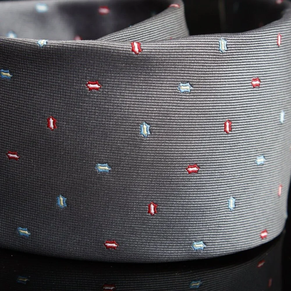Vintage Pierre Cardin Mens Tie Gray With Red & Blue Abstract Pattern